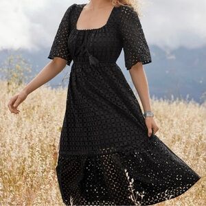 Johnny Was Jade Black Misty Eyelet Short Sleeve Midi Dress Boho Chic Med